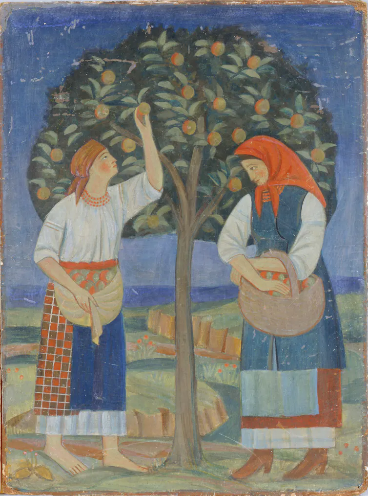 Image of two women and an apple tree from Tymofii Boichuk, Women under the Apple Tree, 1920.