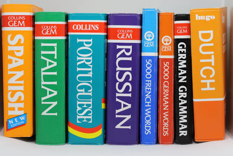 Various language dictionaries on a shelf.