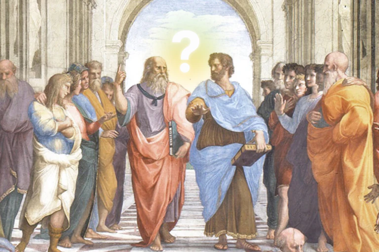 painting of philosophers with a question mark over their heads