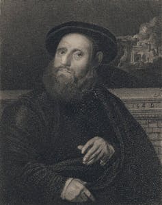 Etching of a man in a flat hat.