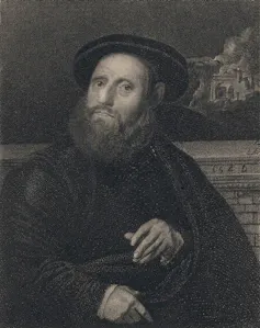 Etching of a man in a flat hat.