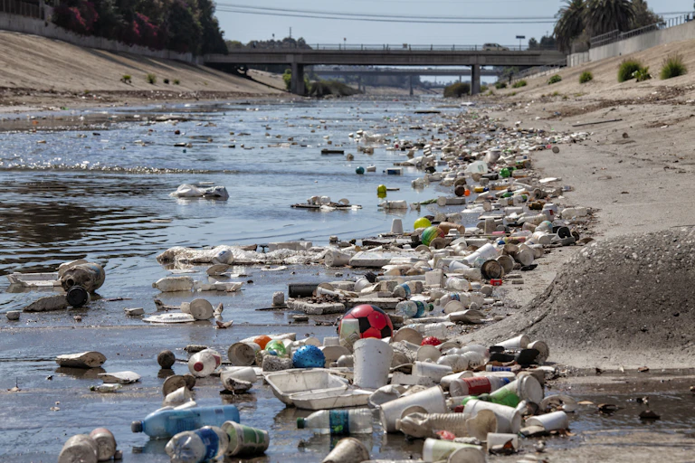 Plastic bottles and other waste lines a shallow channel