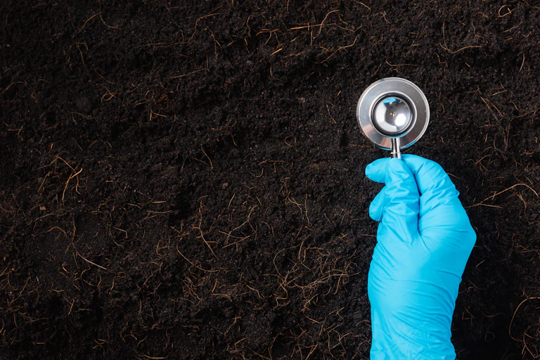 Hand of researcher wearing blue gloves holding a stethoscope on fertile black soil as if to check its condition