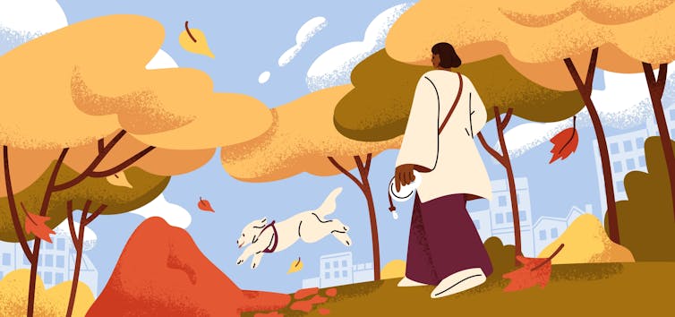 A cartoon woman walks her dog in the park.