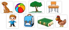 Illustrations of a dog, a beach ball, a tree, a chair and desk, a child, a schoolbag, a book and a chicken