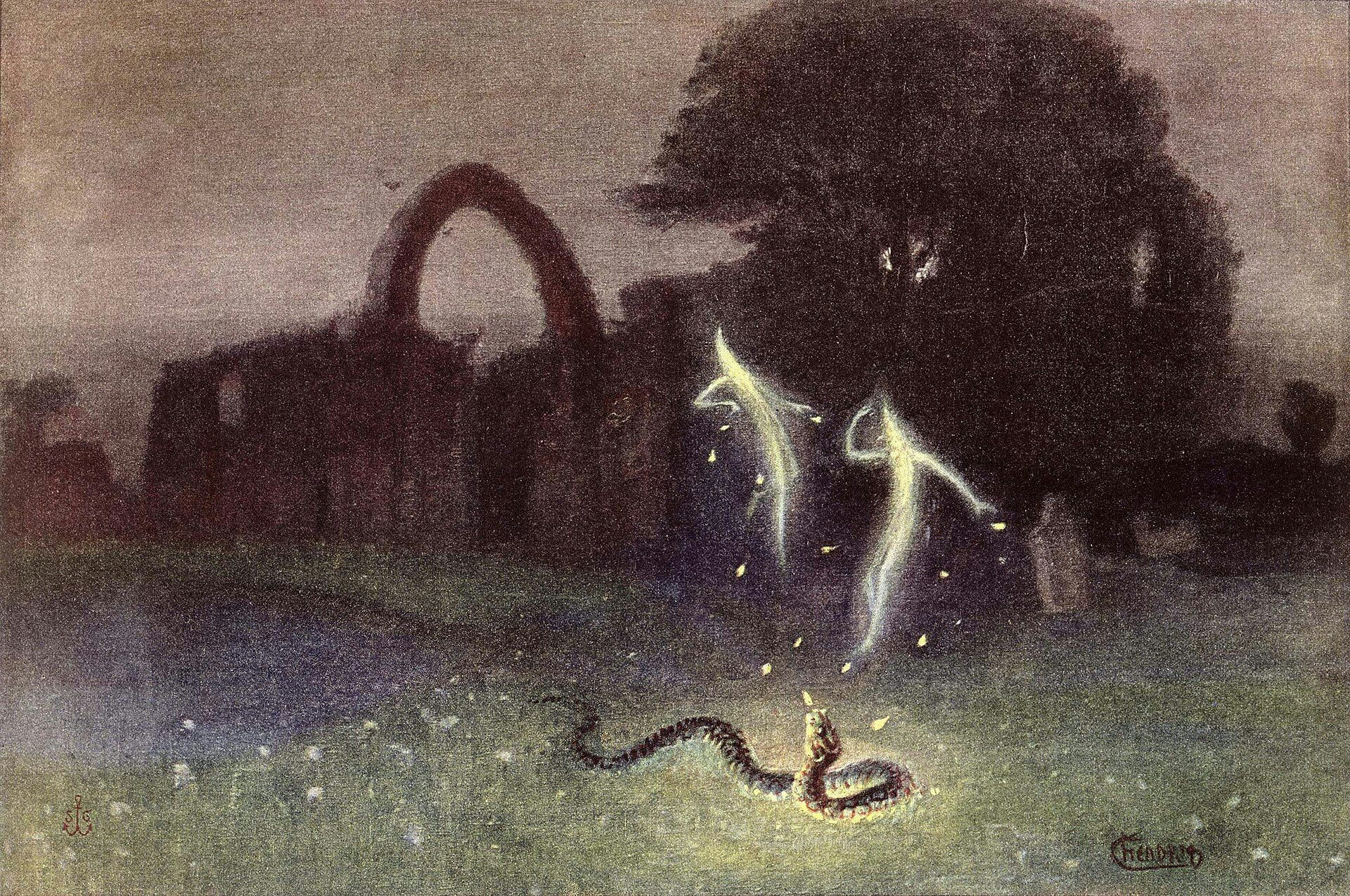 Painting of two Will-o'-the-wisps.