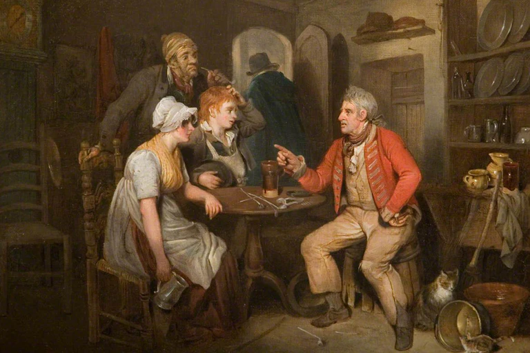 Painting of four people deep in conversation