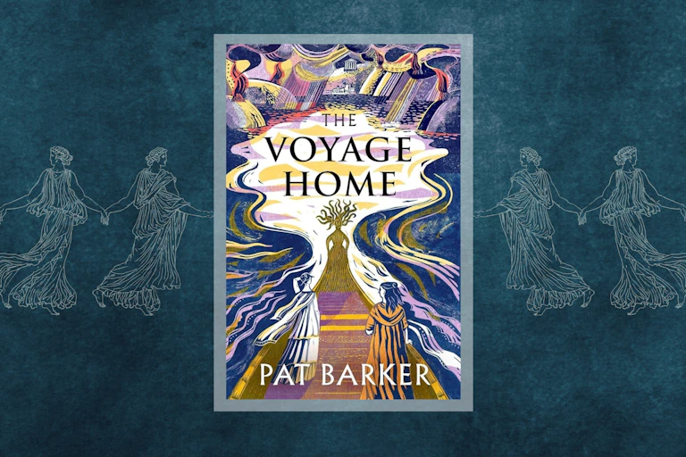 Cover to The Voyage Home with outlines of Greek women holding hands in the backdrop