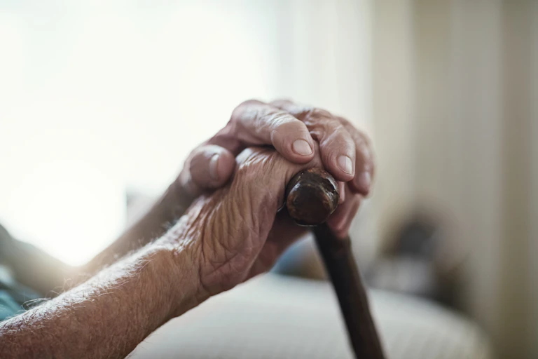 An old person's hand on a walking stick