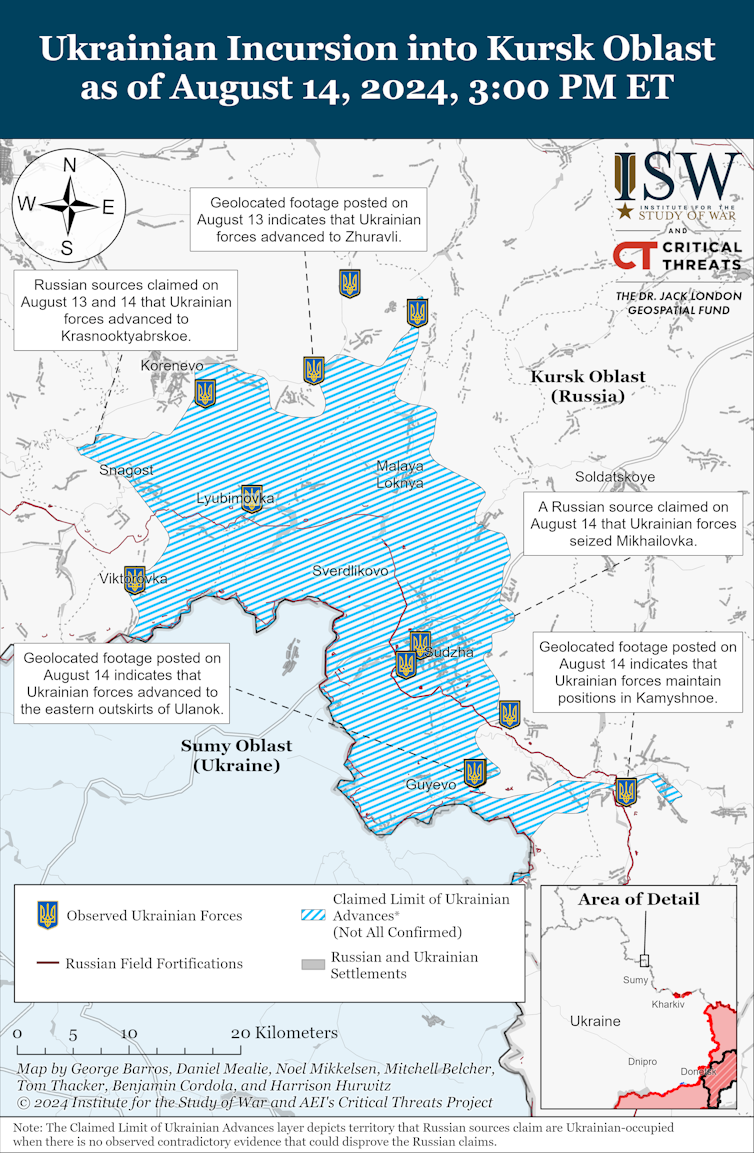 ISW map of Ukraine's incursion into Kursk province at Wednesday August 14.
