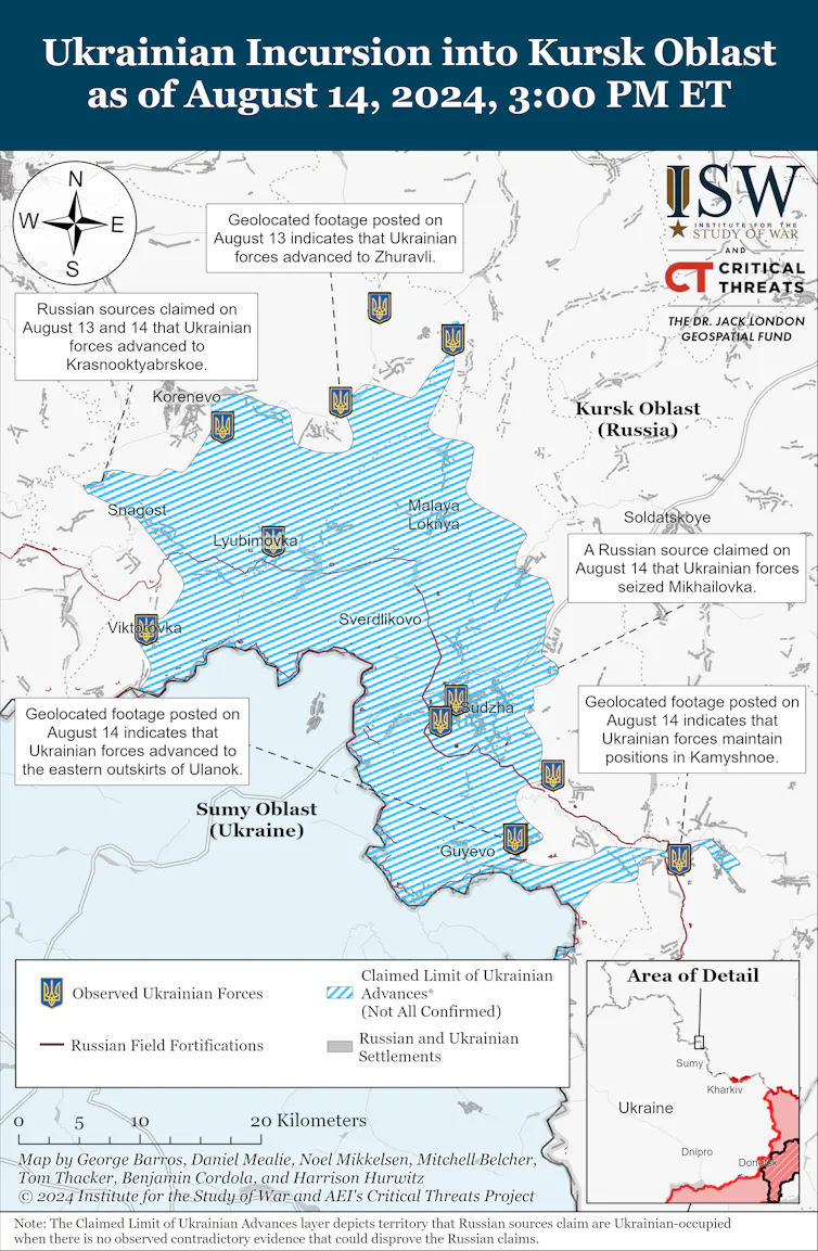 ISW map of Ukraine's incursion into Kursk province at Wednesday August 14.