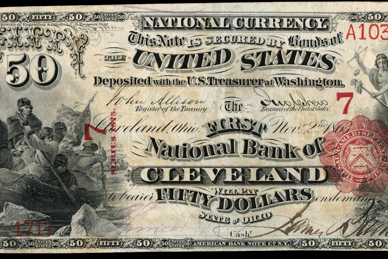 The front side of a fifty dollar bill from 1863.