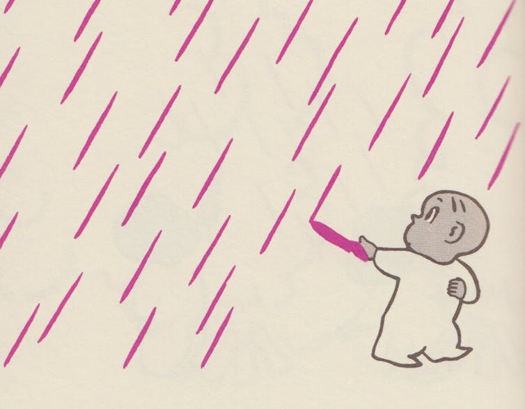 Drawing of bald, cartoon boy holding a purple crayon as purple raindrops fall from the sky.