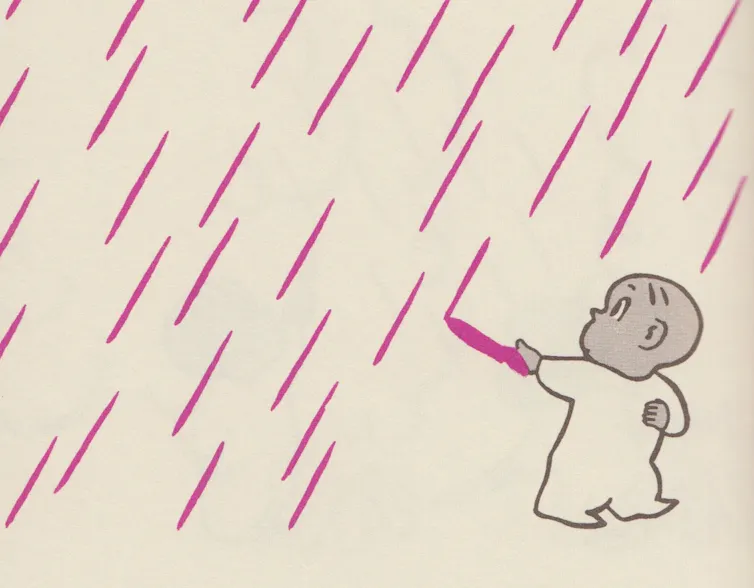 Drawing of bald, cartoon boy holding a purple crayon as purple raindrops fall from the sky.