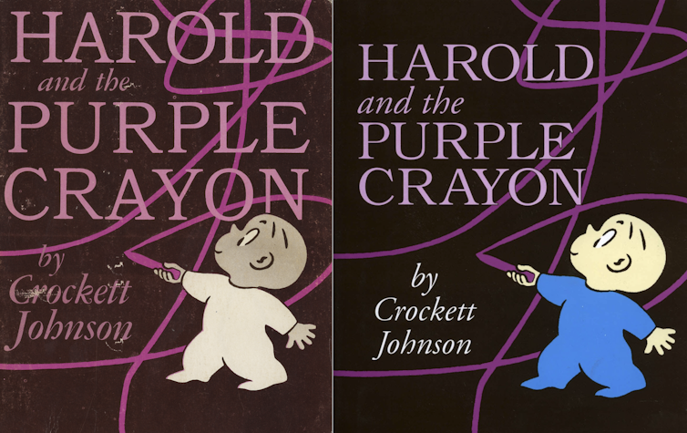 Two book covers for 'Harold and the Purple Crayon,' pictured side-by-side. One cover features Harold with a darker complexion and a white jumpsuit. The other features Harold with a lighter complexion and a blue jumpsuit.