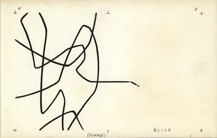 A two-page spread featuring black scribbles with the word 'Purple' written in pencil.