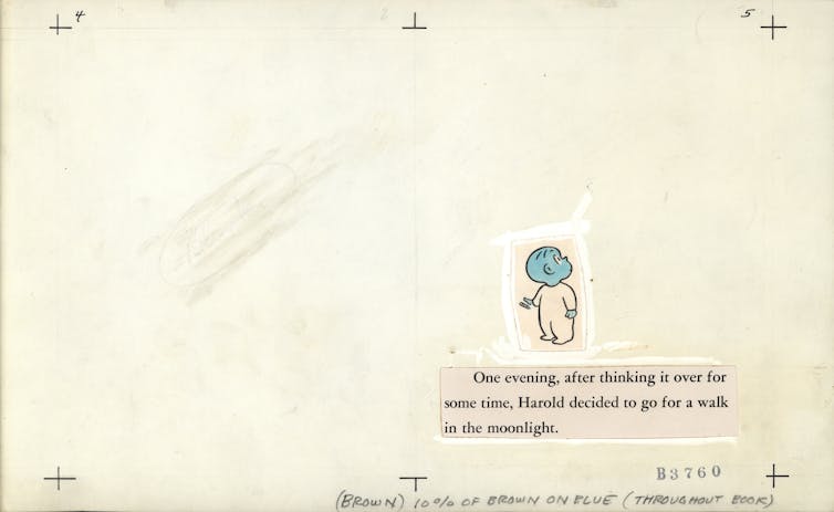 A two page spread featuring the book's text, a drawing of a young boy with a blue face, and a handwritten note that says 'ten percent of brown on blue throughout book.'