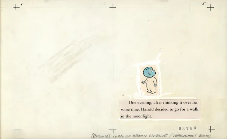 A two page spread featuring the book's text, a drawing of a young boy with a blue face, and a handwritten note that says 'ten percent of brown on blue throughout book.'