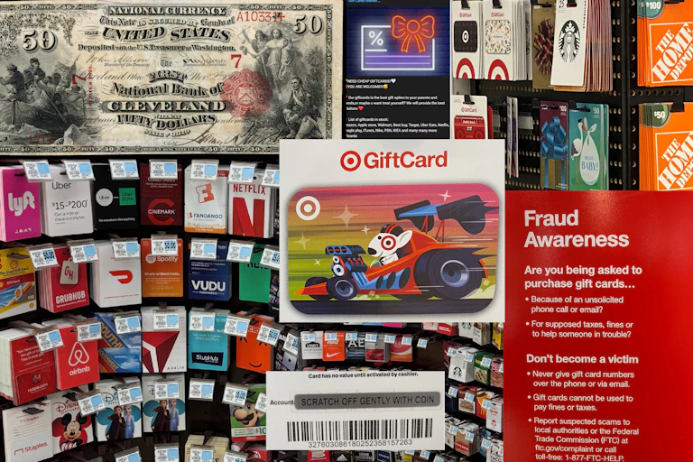 Collage including one of the first national bank notes, gift card racks, a target gift card, a closeup of the scratch-off portion of a gift card, and a fraud awareness sign