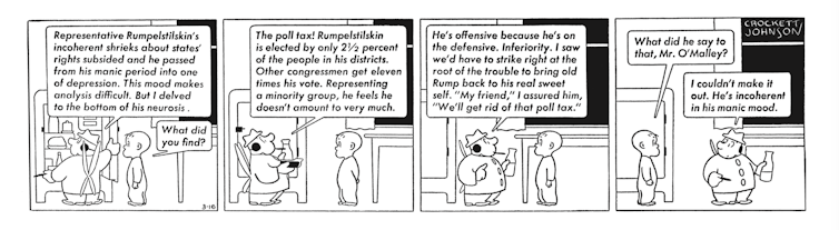 A four-panel comic strip mocking politicians elected in districts that require voters to pay a poll tax.