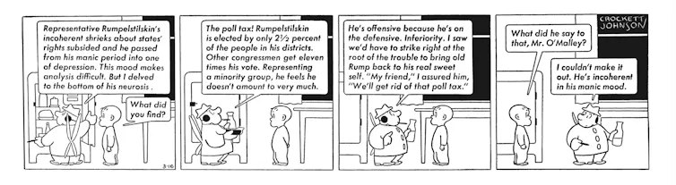 A four-panel comic strip mocking politicians elected in districts that require voters to pay a poll tax.