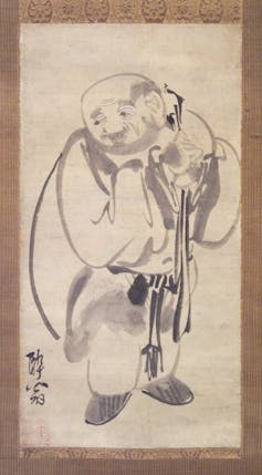 Ink painting of a man carrying a large bag on his back
