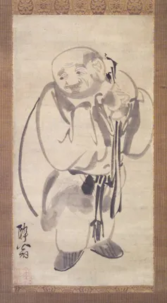 Ink painting of a man carrying a large bag on his back