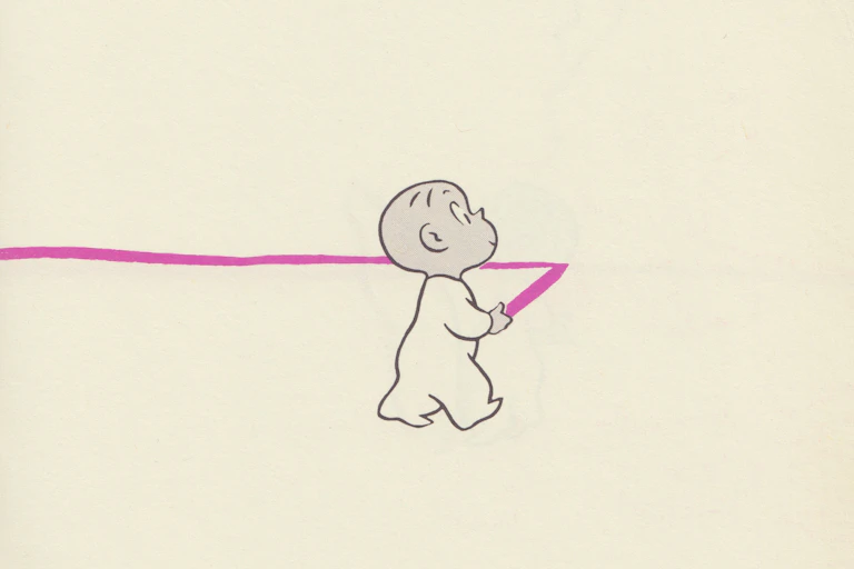 Drawing of bald, cartoon boy dragging a purple crayon along a wall.