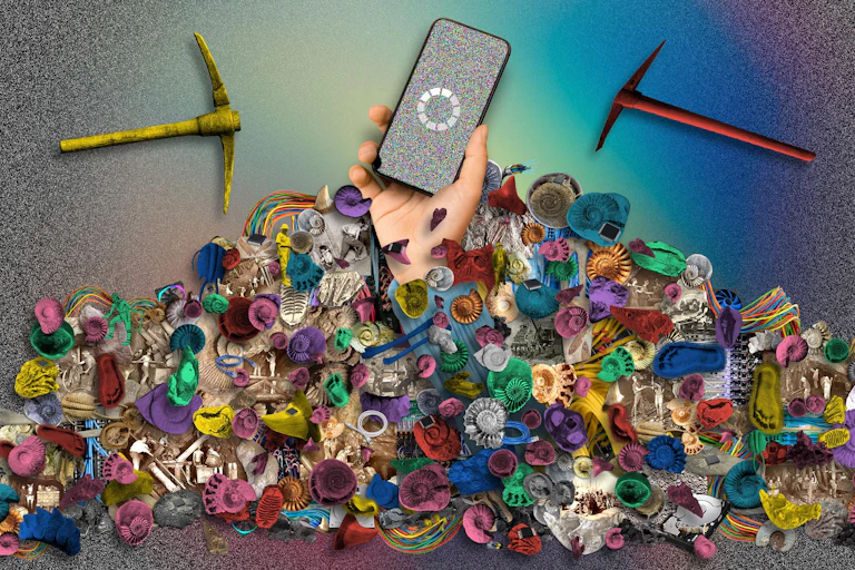 An array of colorful, fossil-like data imprints representing the static nature of AI models, laden with outdated contexts and biases.