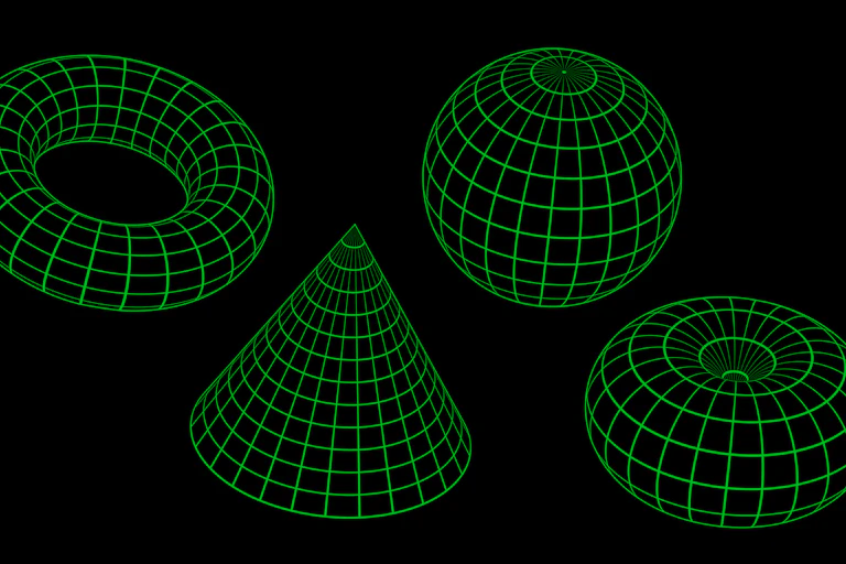 A collection of three-dimensional shapes, including a torus, sphere and cone.