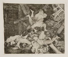 Drawing portraying the evil of war, with mutilated bodies, chaotic composition and pictures of corpses.