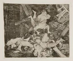 Dibujo que retrata la maldad de la guerra, con cuerpos mutilados, caos compositivo y retrato de cadáveres.