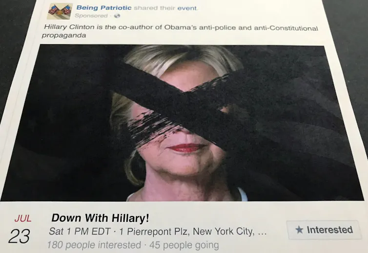 A Facebook post shows a photo of Hillary Clinton with a black X over her face and false information accompanying it.