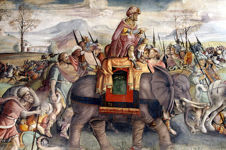 Hannibal Crossing the Alps; detail from a fresco by Jacopo Ripanda, ca 1510, Palazzo dei Conservatori (Capitoline Museum), Rome
