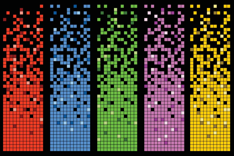 A row of pixellated columns disintegrating towards the top.