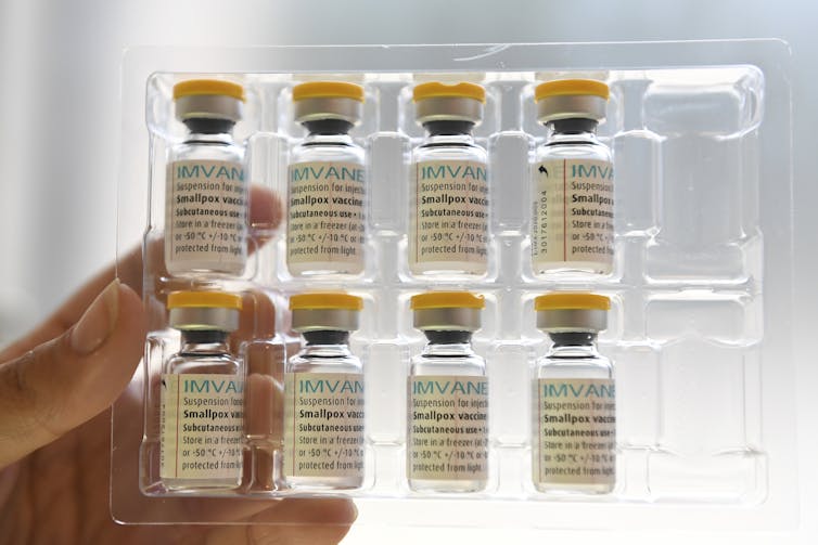 A hand holding up a package containing eight vaccine vials