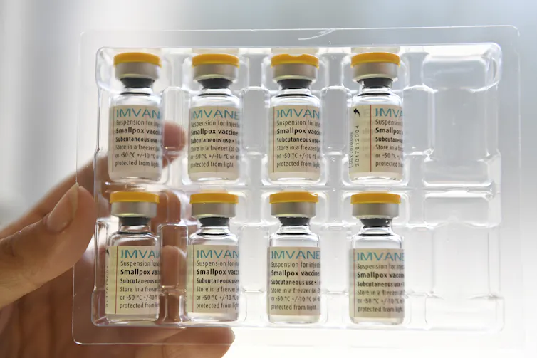 Une main brandissant un paquet contenant huit flacons de vaccin