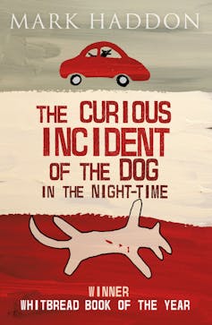 The cover of Curious Incident of the Dog in the Night-time, with a red car on top, above the title, and a dead dog below it