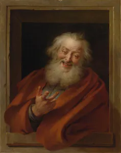 Pintura de un hombre mayor con barba blanca sonriendo.