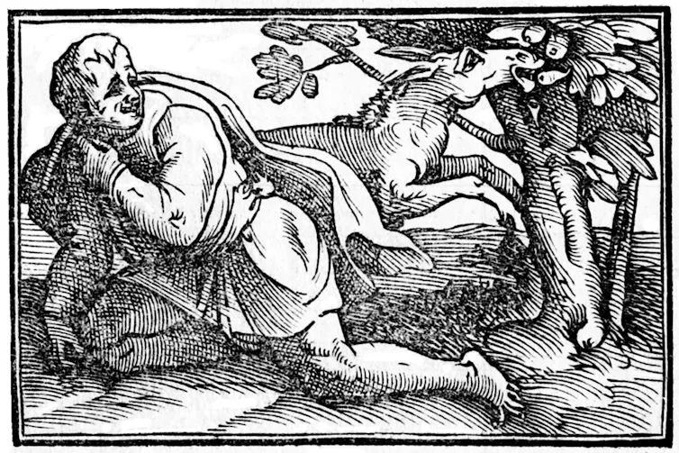Dibujo de un hombre riendo mientras ve a un burro comer de un árbol.