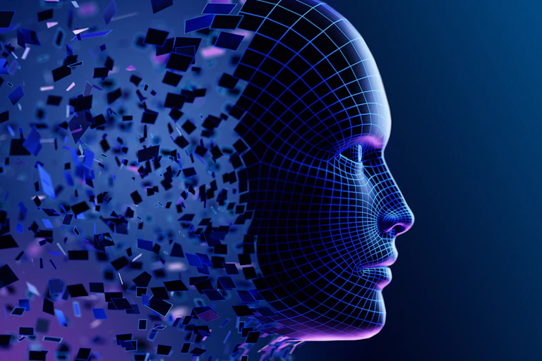 A digital, futuristic-looking image of an Artificial Intelligence face with a grid.