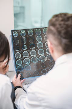 Two doctors examine images of a brain