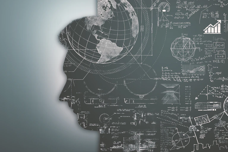 A silhouette of a man's head protrudes from the left of a bunch of scientific and math formulas.