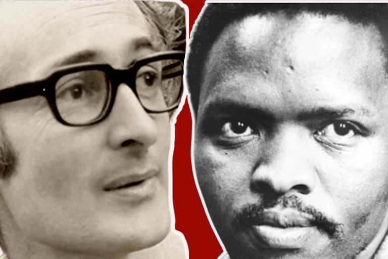 Black and white photos of two men, arranged as a graphic