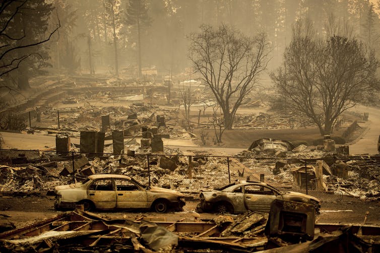 Little remains of homes an vehicles that burned in Paradise, California, in 2018.