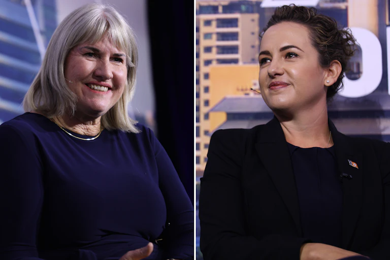 A composite image of two women smiling
