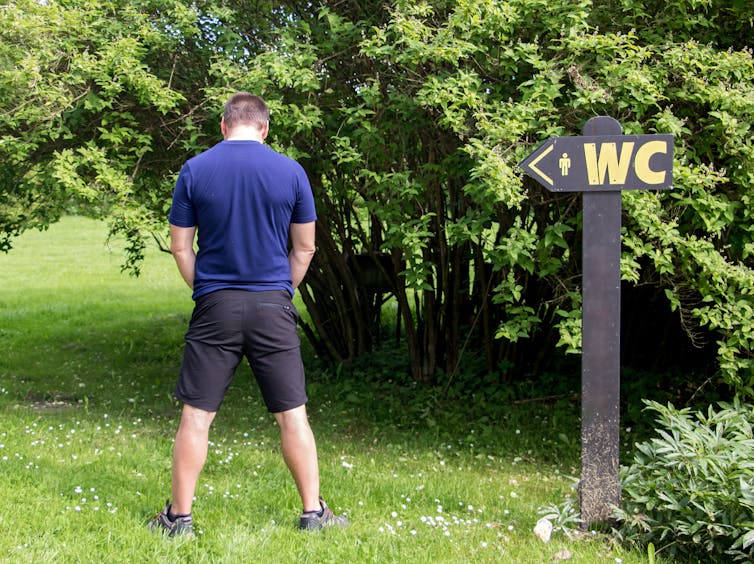 man standing with back to camera, wearing navy shorts T short, as if taking a wee in green countryside, tree, on right there's a black post with yellow WC sign