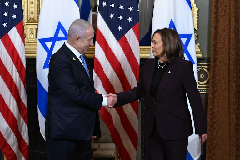 US vice-president Kamala Harris shaking hands with Israeli prime minister, Benjamin Netanyahu