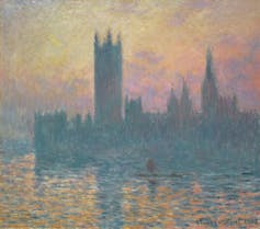 painting of grey city buildings and grey river thames by impressionist Claude Monet