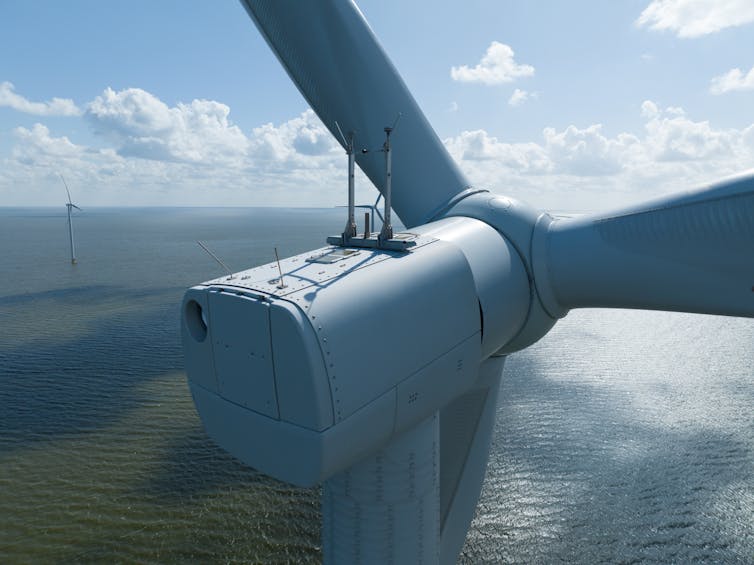 Close-up image of an offshore wind turbine.